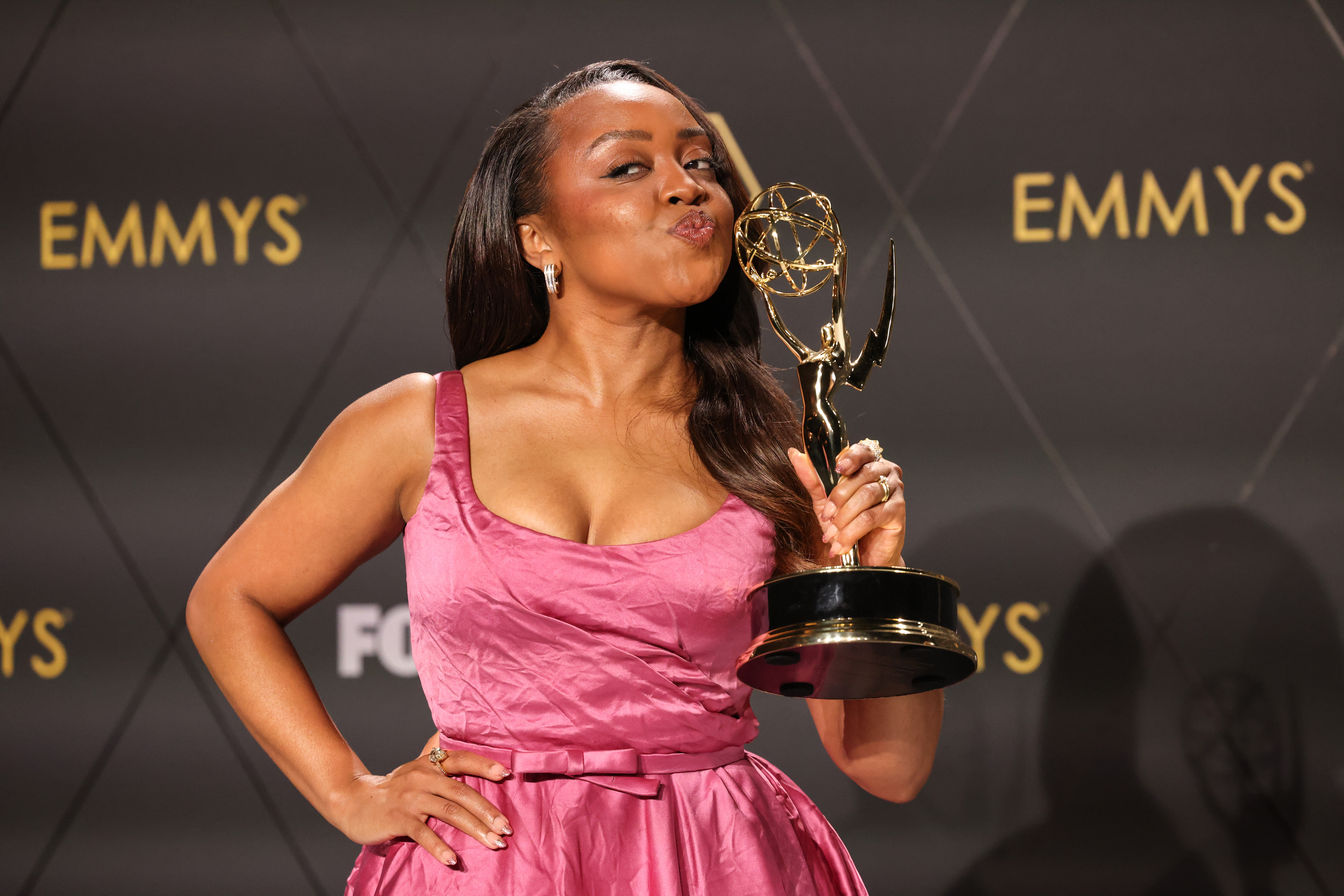  Outstanding Lead Actress in a Comedy Series Quinta Brunson, Abbott Elementary, poses in the press room during the 75th Emmy Awards at the Peacock Theatre at L.A. Live in Los Angeles on January 15, 2024. (Dania Maxwell / Los Angeles Times via Getty Images)