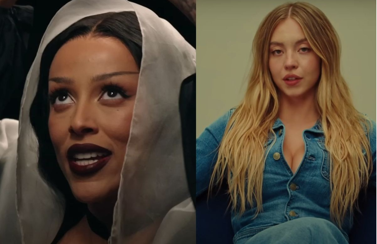 Doja Cat mocks Sydney Sweeney's American Eagle jeans ad in new TikTok video (Image via YouTube/@dojacatVEVO and @americaneagle)