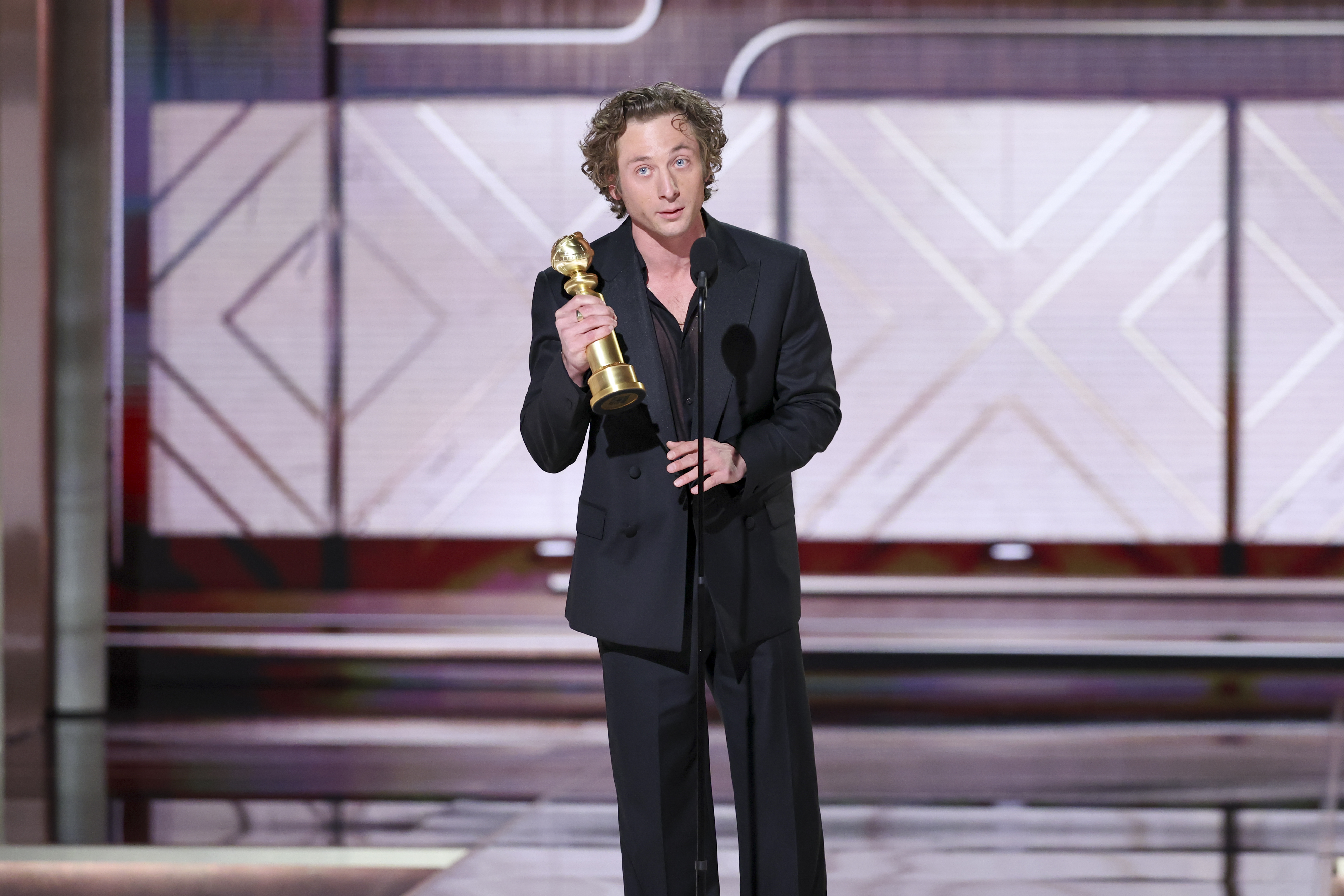 Jeremy Allen White accepts the award for Best Performance by a Male Actor in a Television Series  Musical or Comedy for "The Bear" at the 81st Golden Globe Awards held at the Beverly Hilton Hotel on January 7, 2024 in Beverly Hills, California. (Photo by Rich Polk/Golden Globes 2024/Golden Globes 2024 via Getty Images)