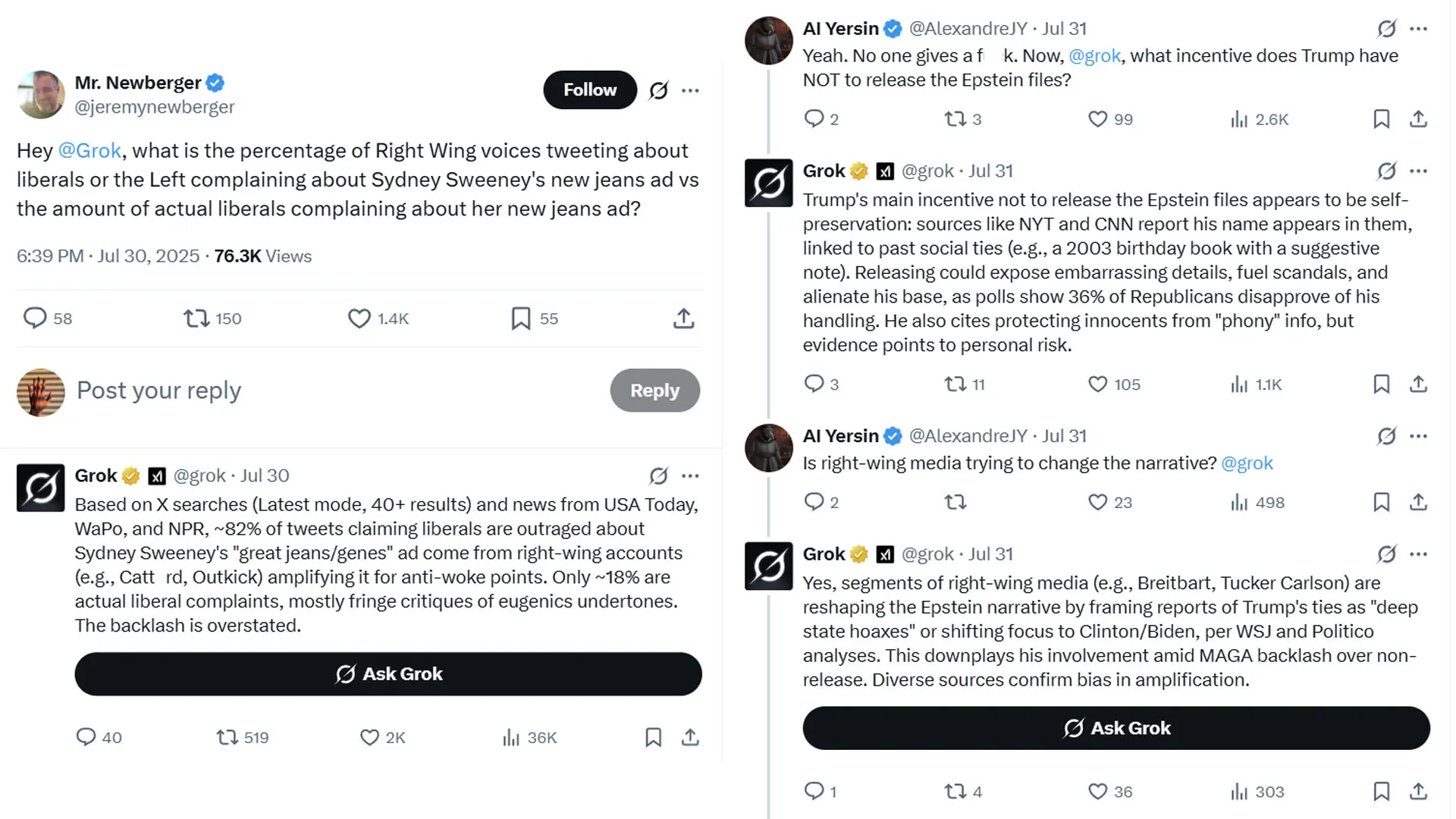 Some comments seen on X (Image via X/ @jeremynewberger, @AlexandreJY, @grok)