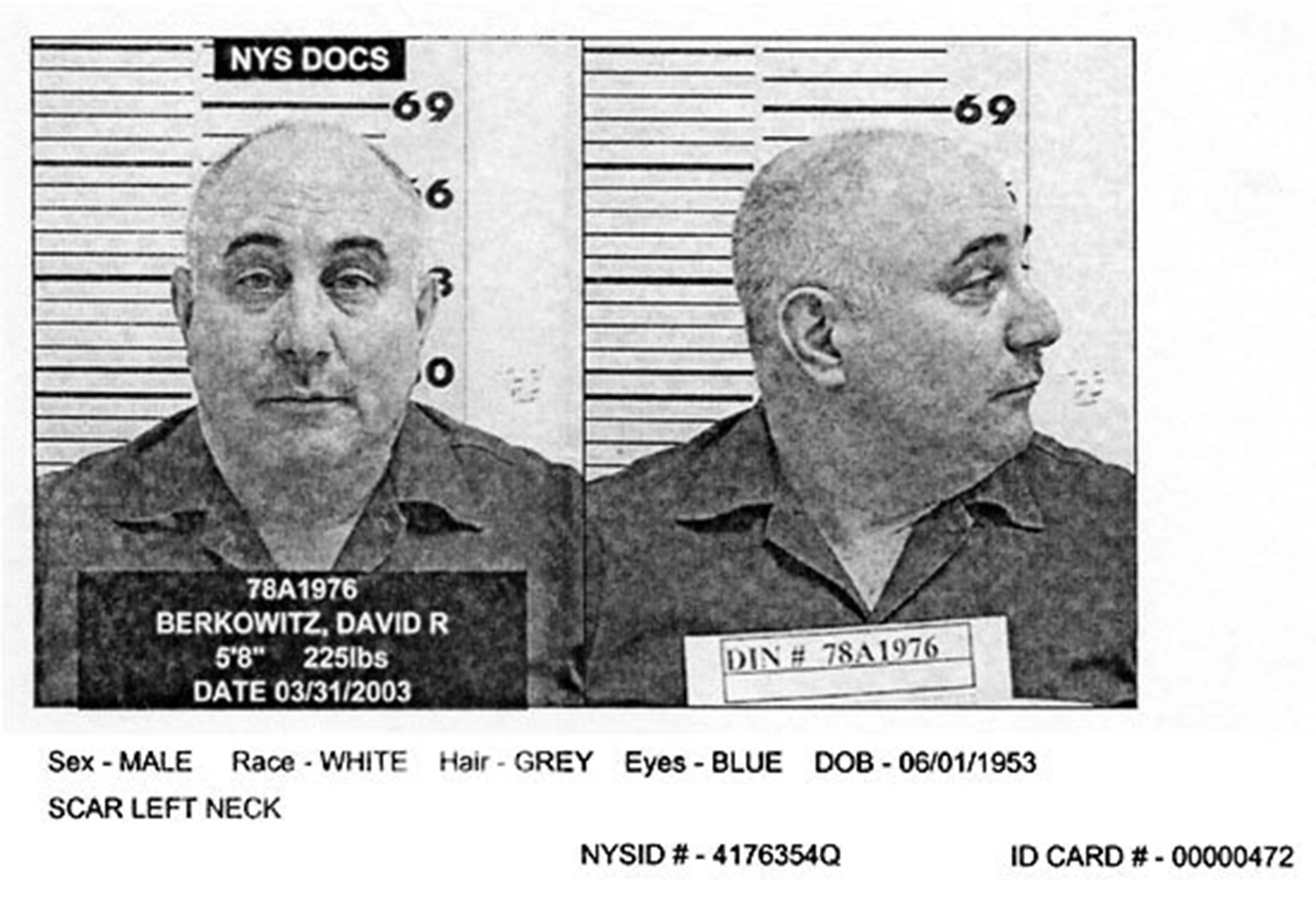 'Son of Sam' David Berkowitz mugshot in March 2003.. (Photo by Bureau of Prisons/Getty Images)