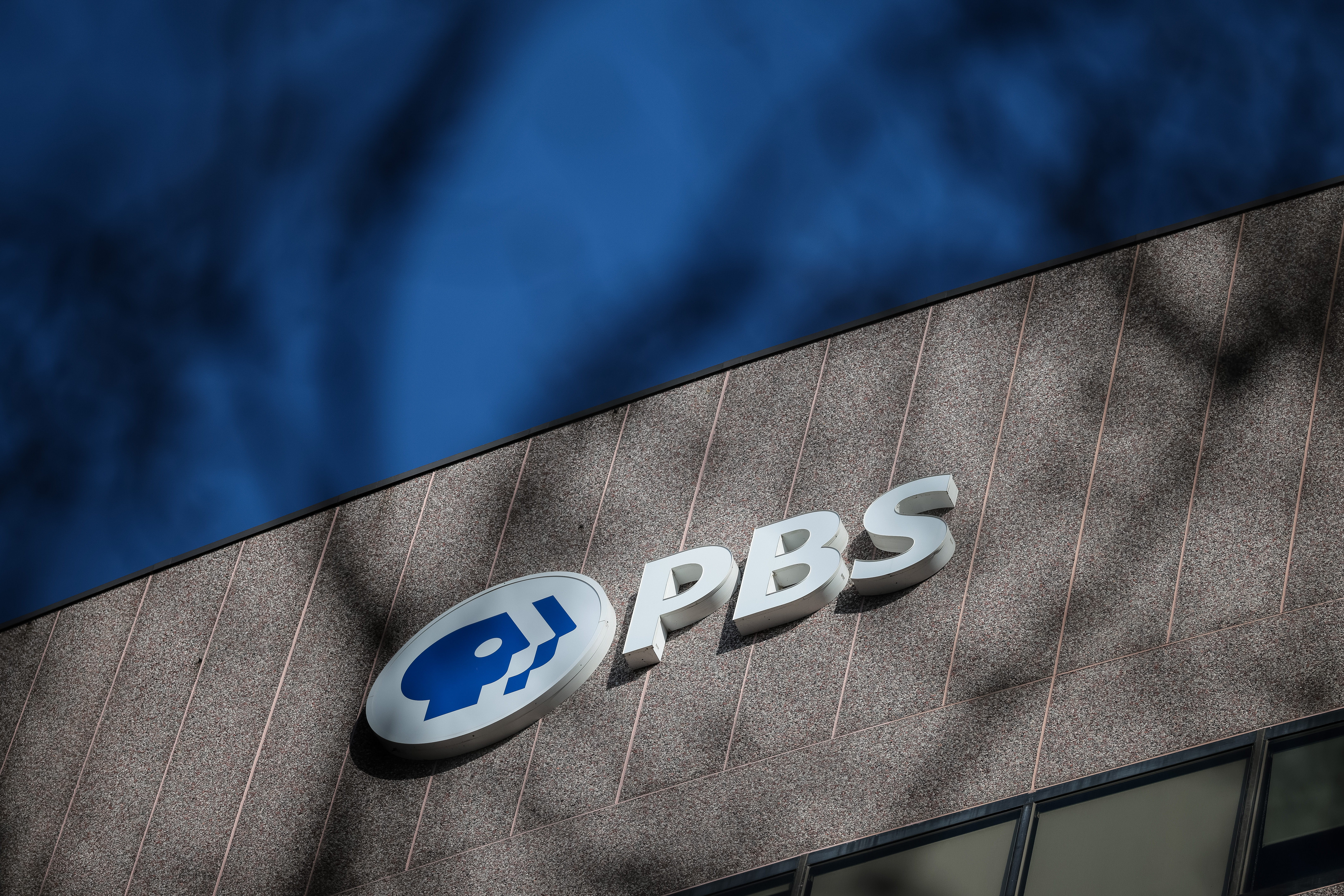 A sign for the Public Broadcasting Service (PBS) is seen on its building headquarters (Photo by Kayla Bartkowski/Getty Images)