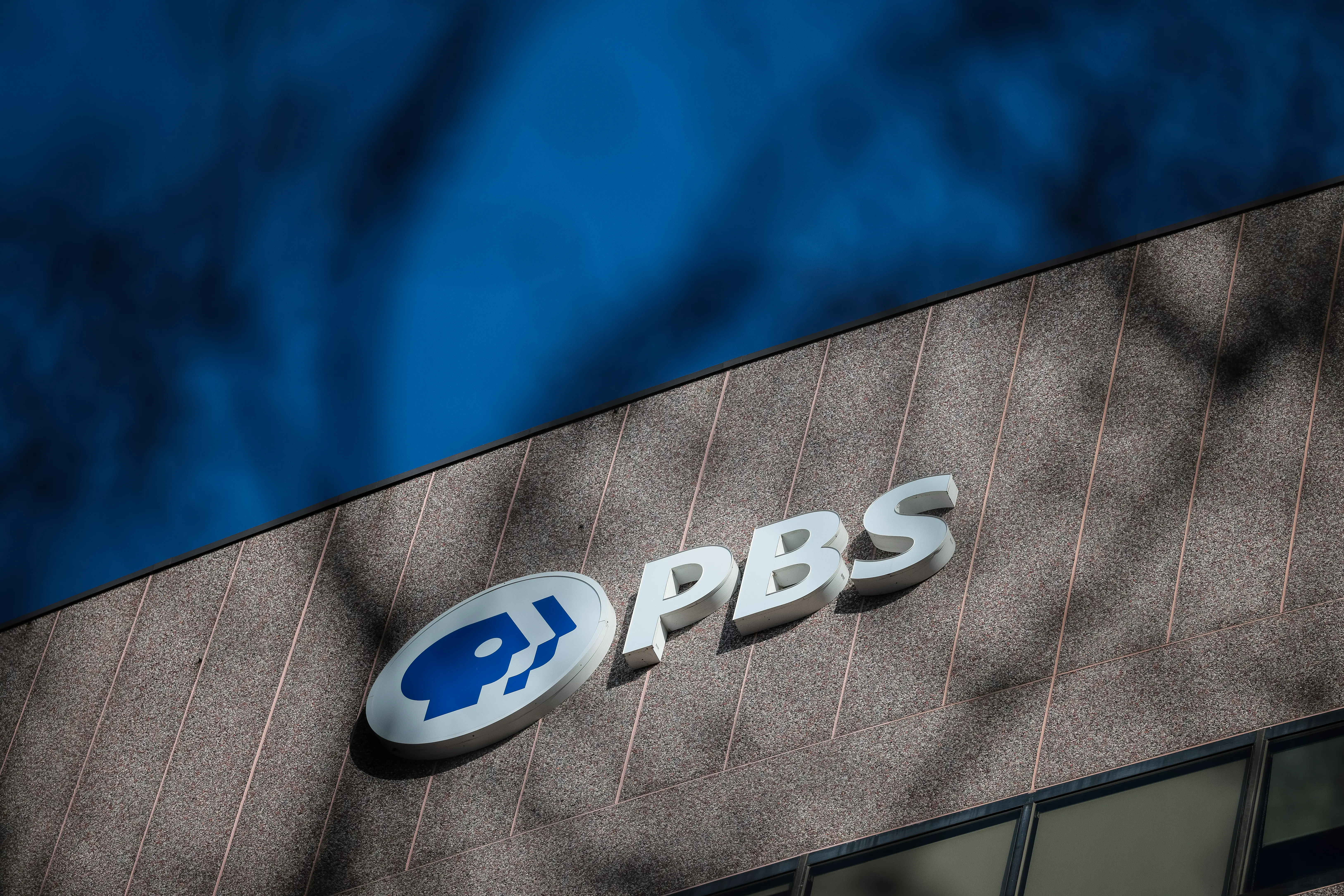 A sign for the Public Broadcasting Service (PBS) is seen on its building headquarters (Photo by Kayla Bartkowski/Getty Images)