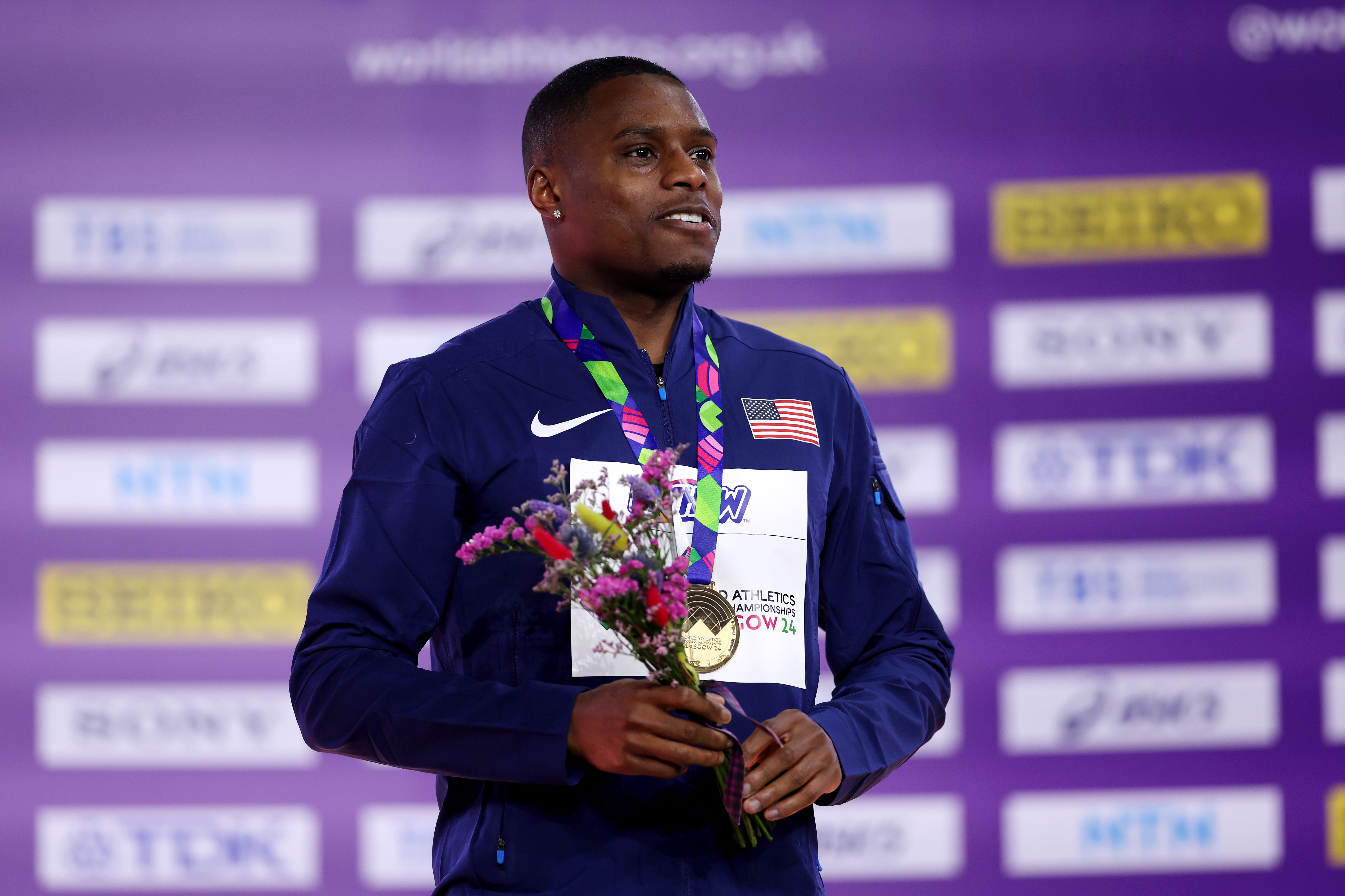 Christian Coleman during the medal ceremony for the Men's 60 Metres Final at the World Athletics Indoor Championships Glasgow 2024 (Photo by Alex Pantling/Getty Images)