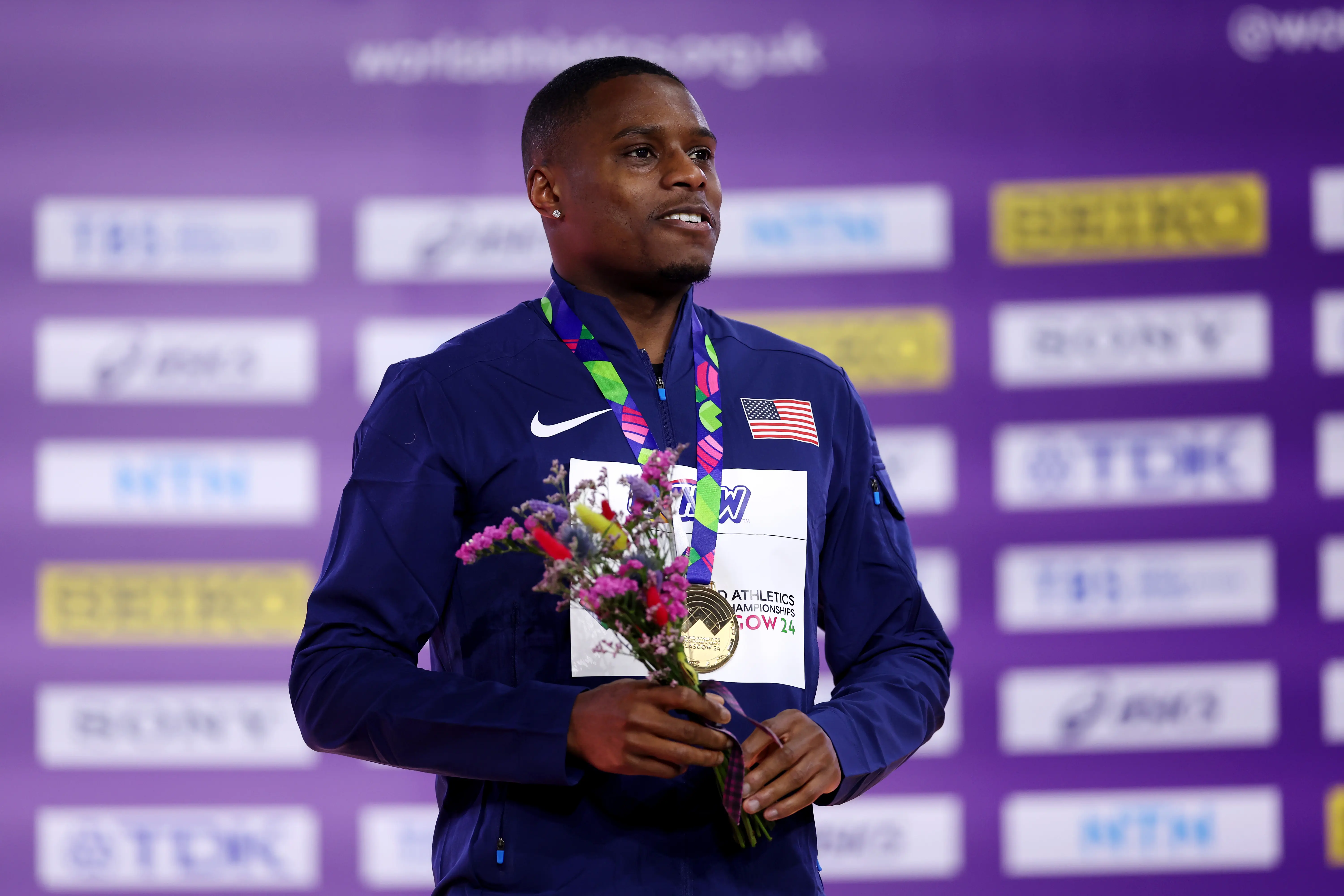 Christian Coleman during the medal ceremony for the Men's 60 Metres Final at the World Athletics Indoor Championships Glasgow 2024 (Photo by Alex Pantling/Getty Images)