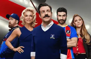 Brendan Hunt, Hannah Waddingham, Jason Sudeikis, Brett Goldstein and Juno Temple in Ted Lasso. (Photo: Apple TV+)