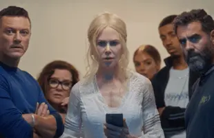 Luke Evans, Melissa McCarthy, Nicole Kidman, Samara Weaving, Melvin Gregg and Bobby Cannavale in Nine Perfect Strangers. (Hulu)