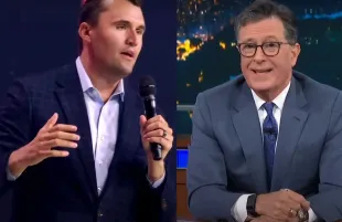 Charlie Kirk takes a jab at Stephen Colbert amid The Late Show cancellation (Custom cover by Primetimer/Images via YouTube/@RealCharlieKirk and @ColbertLateShow)