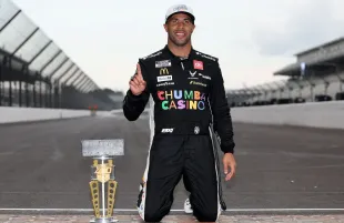 Bubba Wallace celebrating after winning the Brickyard 400 (Image via Getty)