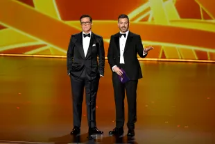 Stephen Colbert and Jimmy Kimmel in 2019 (Image via Getty)