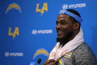 COSTA MESA, CALIFORNIA - MAY 20: Denzel Perryman #95 speaks to the media during a press conference following the Los Angeles Chargers OTA offseason workout on May 20, 2024 in Costa Mesa, California. (Photo by Harry How/Getty Images)