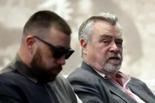 PHILADELPHIA, PENNSYLVANIA - MARCH 04: Ed Kelce, father of Jason Kelce of the Philadelphia Eagles, reacts during Jason's NFL retirement announcement at NovaCare Complex on March 04, 2024 in Philadelphia, Pennsylvania. (Photo by Tim Nwachukwu/Getty Images)