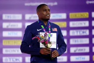 Christian Coleman during the medal ceremony for the Men's 60 Metres Final at the World Athletics Indoor Championships Glasgow 2024 (Photo by Alex Pantling/Getty Images)
