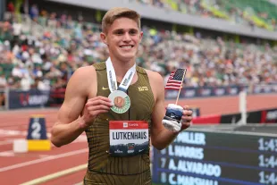 Silver medalist Cooper Lutkenhaus poses after finishing second in the Men's 800m final during the 2025 USATF Outdoor Championships (Photo by Patrick Smith/Getty Images)